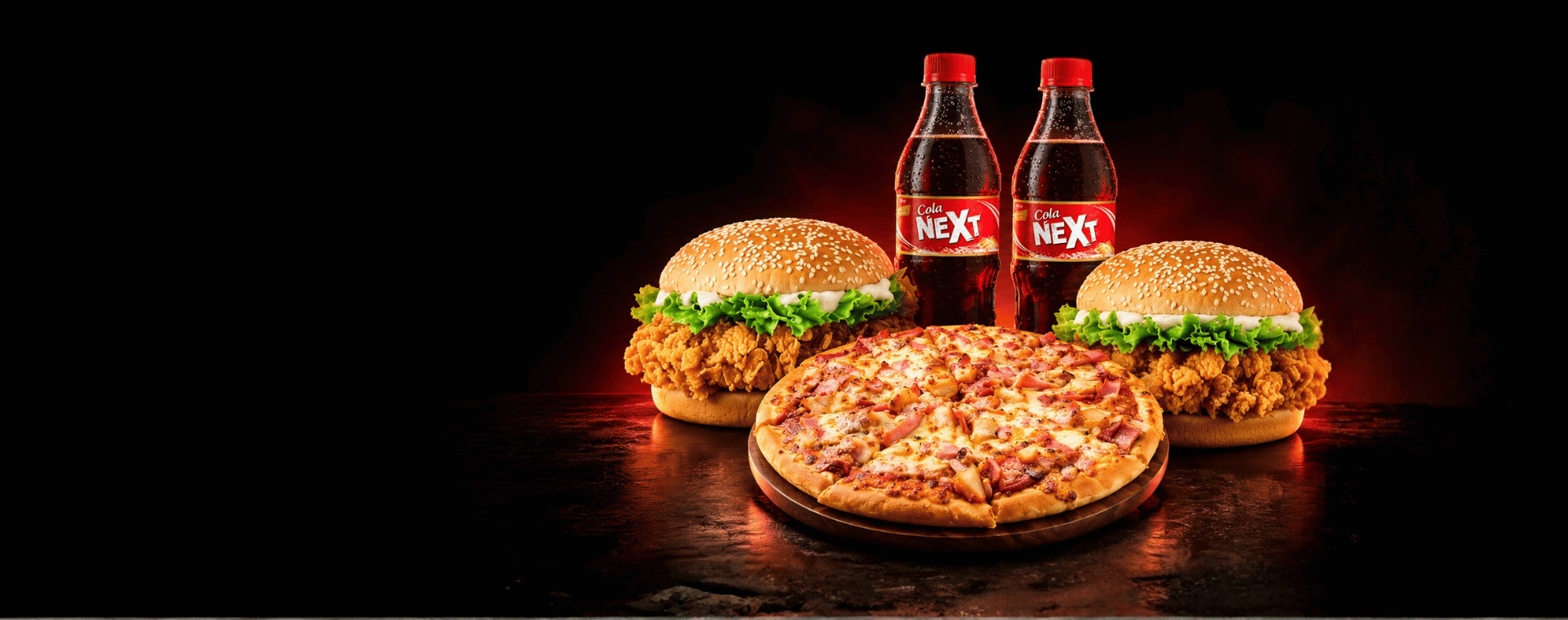 Representative artwork of two zingers, a small pizza and two drinks