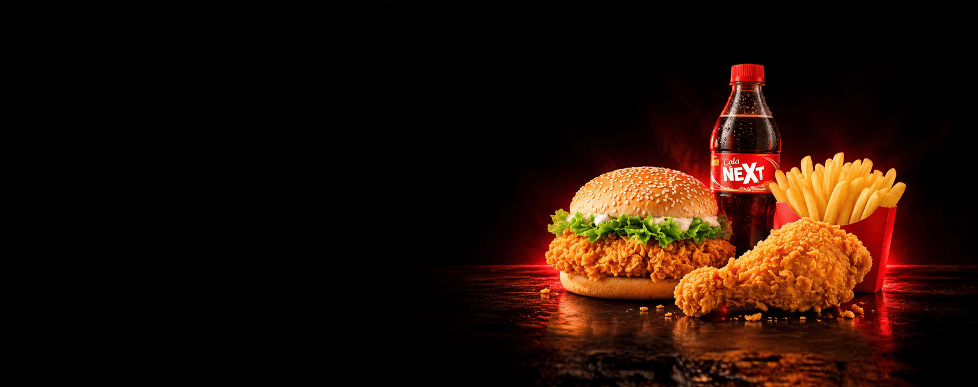 Representative artwork of a zinger, chicken piece, fries and a drink